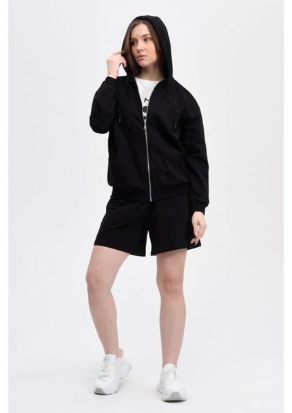 Kadın Kapüşonlu Fermuarlı Oversıze Sweatshirt Siyah fiyatları