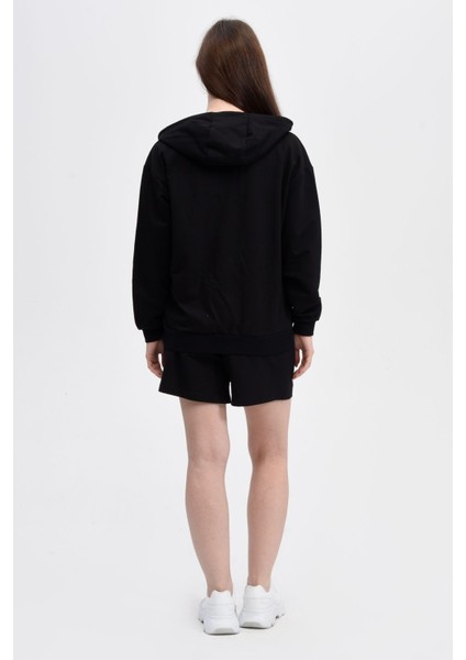 Kadın Kapüşonlu Fermuarlı Oversıze Sweatshirt Siyah modelleri