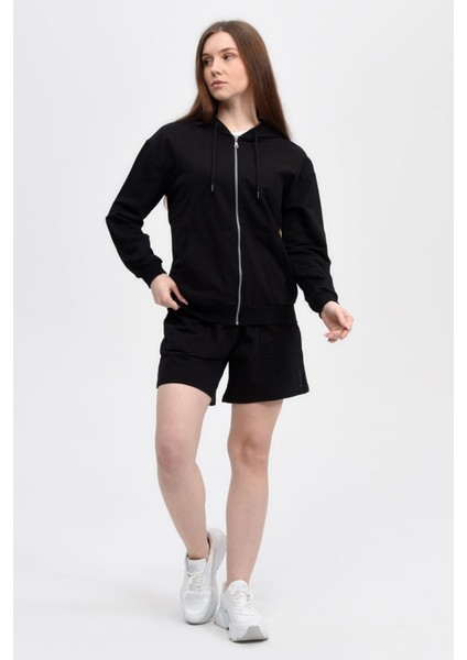 Kadın Kapüşonlu Fermuarlı Oversıze Sweatshirt Siyah indirimleri