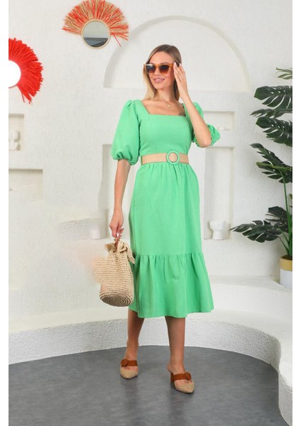 Kadın Keten Kumaş Hasır Kemerli Düz Renk Kare YakaElbise