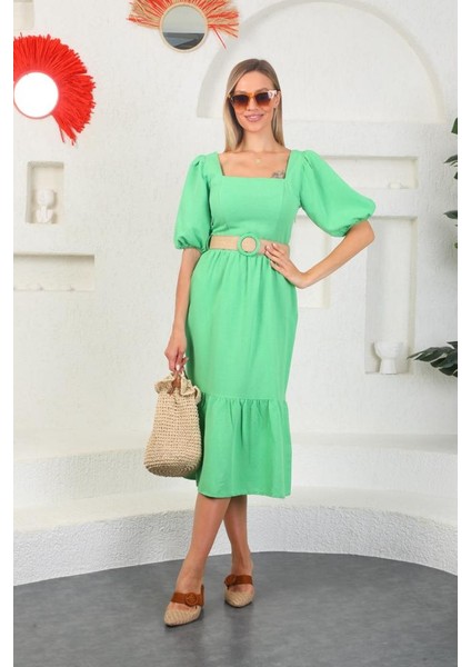 Kadın Keten Kumaş Hasır Kemerli Düz Renk Kare YakaElbise fiyatları