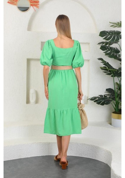 Kadın Keten Kumaş Hasır Kemerli Düz Renk Kare YakaElbise modelleri