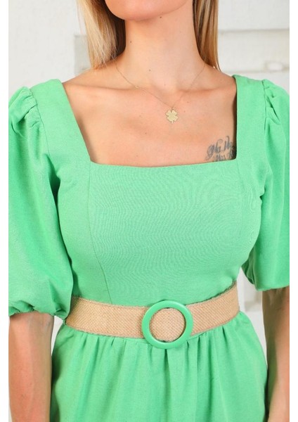 Kadın Keten Kumaş Hasır Kemerli Düz Renk Kare YakaElbise fırsatları