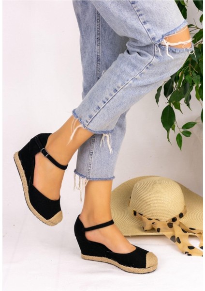 Bayan Burnu Hasırlı Keten Siyah Espadril Dolgu Topuk