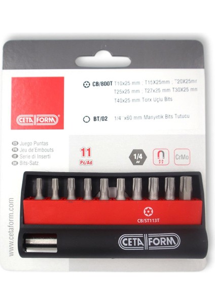 CB/ST113T Delikli Torx Bits Uç Takımı + Bits Tutucu 11 Parça (1 Adet)