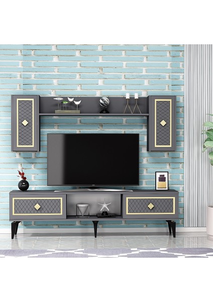 4 Kapaklı, 2 Raflı Herry Tv Ünitesi Antrasit-Altın