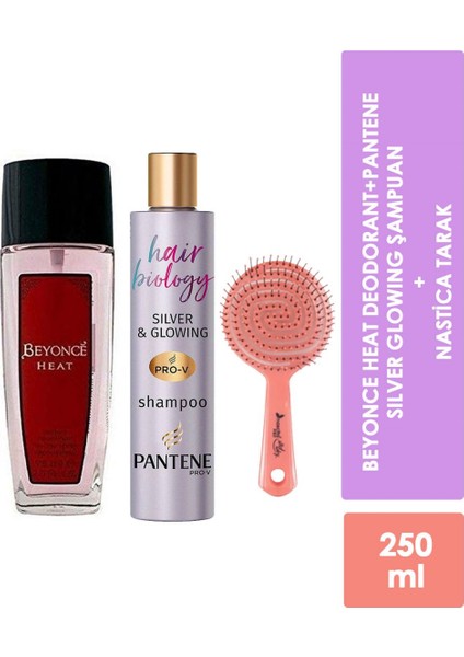 Heat Deodorant 75 ml + Pantene Hair Biology Silver Purple Shampoo 250 ml + Nastica Turuncu Saç Fırçası