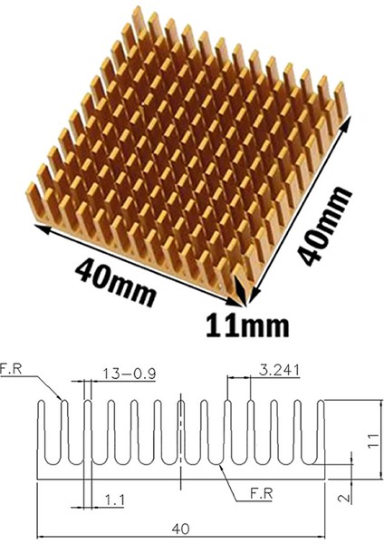 Aluminyum Soğutucu 4x4cm Altın Renk 40x40mm 143 Kanat Pasif Radyatör Peltier