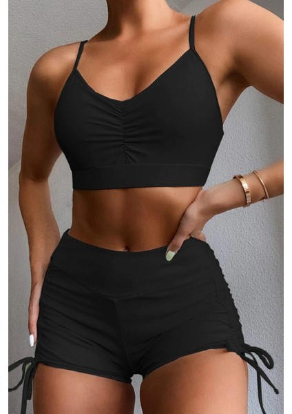 Yanlardan Ayarlı Büzgülü Deniz Şortlu Tankini Bikini Takım