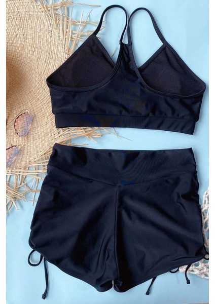 Yanlardan Ayarlı Büzgülü Deniz Şortlu Tankini Bikini Takım