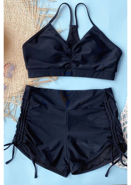 Yanlardan Ayarlı Büzgülü Deniz Şortlu Tankini Bikini Takım