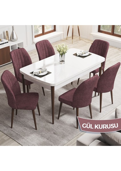 Concept Rio Serisi 80X132 Mdf Açılabilir Beyaz Masa Ceviz Ayak Mutfak Masası Takımı 6 Adet Sandalye