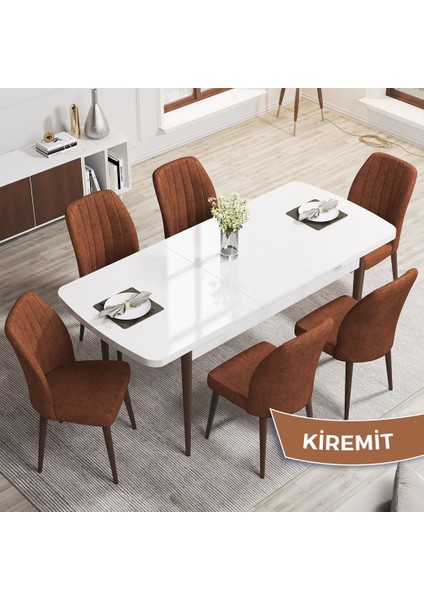 Concept Rio Serisi 80X132 Mdf Açılabilir Beyaz Masa Ceviz Ayak Mutfak Masası Takımı 6 Adet Sandalye