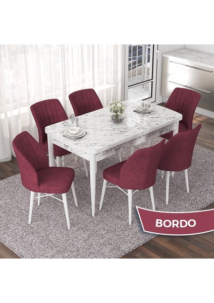 Concept Nef Serisi 70X114 Açılabilir Mdf Beyaz Mermer Desen Mutfak Masa Takımı 6 Sandalye