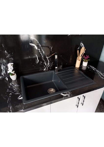 Granit Eviye Mega Geniş Hazne Antrasit 86x50 cm - Tek Göz Damlalıklı Mutfak Eviyesi