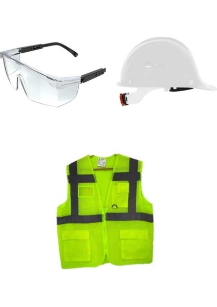 Baret Yelek Gözlük Seti-Fileli Cepli Mühendis Yeleği-Beyaz Hava Delikli Vidalı Baret-Koruyucu Gözlük