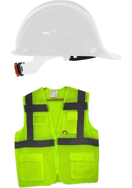 Baret Yelek Gözlük Seti-Fileli Cepli Mühendis Yeleği-Beyaz Hava Delikli Vidalı Baret-Koruyucu Gözlük fiyatları