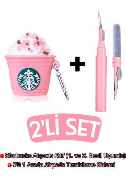 Airpods 1. ve 2. Nesil Uyumlu Starbucks Kılıf ve Pembe 3'ü 1 Arada Airpods Temizleme Kalemi Seti