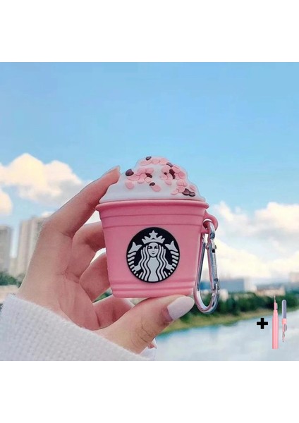 Airpods 1. ve 2. Nesil Uyumlu Starbucks Kılıf ve Pembe 3'ü 1 Arada Airpods Temizleme Kalemi Seti
