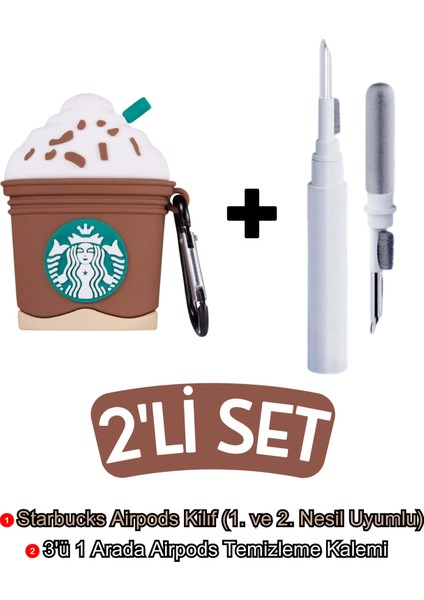 Airpods 1. ve 2.nesil Uyumlu Starbucks Kılıf ve Beyaz 3'ü 1 Arada Airpods Temizleme Kalemi Seti