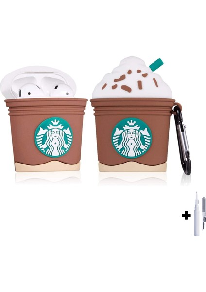 Airpods 1. ve 2.nesil Uyumlu Starbucks Kılıf ve Beyaz 3'ü 1 Arada Airpods Temizleme Kalemi Seti