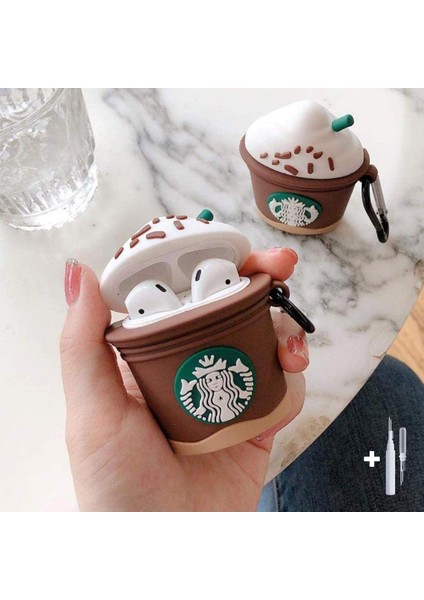 Airpods 1. ve 2.nesil Uyumlu Starbucks Kılıf ve Beyaz 3'ü 1 Arada Airpods Temizleme Kalemi Seti