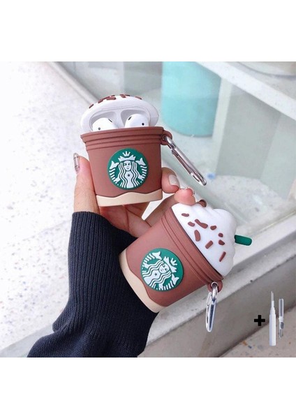 Airpods 1. ve 2.nesil Uyumlu Starbucks Kılıf ve Beyaz 3'ü 1 Arada Airpods Temizleme Kalemi Seti