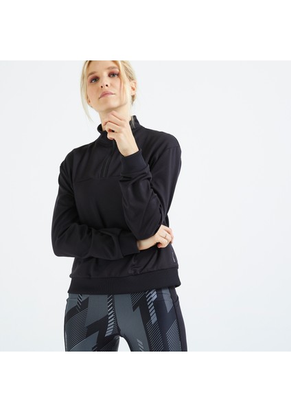 Domyos Kadın Siyah Yarım Fermuar Sweatshirt 120 - Fitness Karidyo