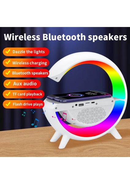 Kablosuz Şarj Özellikli Saat Bluetooth Hoparlör Rgb Gece Masa Lambası Çok Fonksiyonlu Atmosfer Lamba Saat