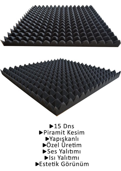 Akustik Ses Yalıtım Süngeri 50 x 50 x 4 Piramit Kesim Yapışkansız 6 Adet