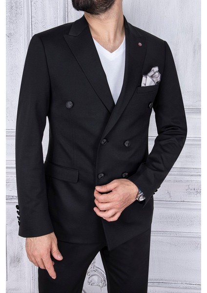 Erkek Slim Fit Sivri Yaka Yarım Astar Kruvaze Siyah Takım Elbise