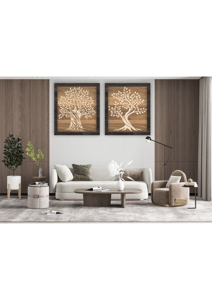 LandiWork Ağaç Desenli Ahşap Tablo , Ahşap Ağaç Desenli Duvar Dekorasyonu , 2li Ağaç Ahşap Tablo