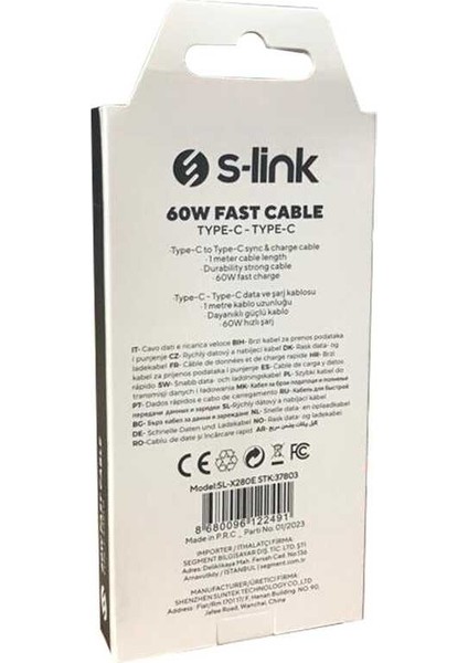 S-link SL-X280E 1m 60W 3A TypeC to TypeC Hızlı Data + Sarj Kablosu