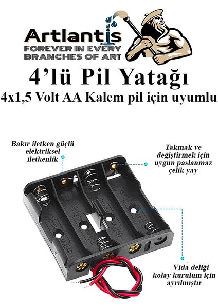 4 Lü Pil Yatağı Deney 1 Adet Pil Yuvası Pil Kutusu Aa Kalem Kalın Pil 4x1,5 Volt Yaylı Pil Yuvası