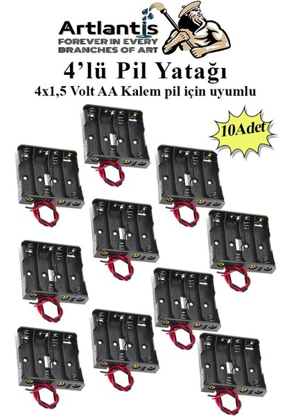 4 Lü Pil Yatağı Deney 10 Adet Pil Yuvası Pil Kutusu Aa Kalem Kalın Pil 4x1,5 Volt Yaylı Pil Yuvası