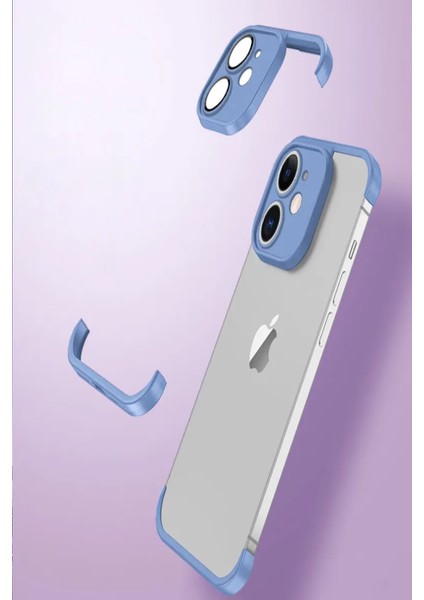 Apple iPhone 12 ile Uyumlu Kılıf 2 Parçalı Alt Üst Kamera Lens Korumalı Sert Silikon Kapak - Mavi