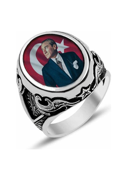 Renkli Atatürk Resimli 925 Ayar Gümüş Erkek Yüzük