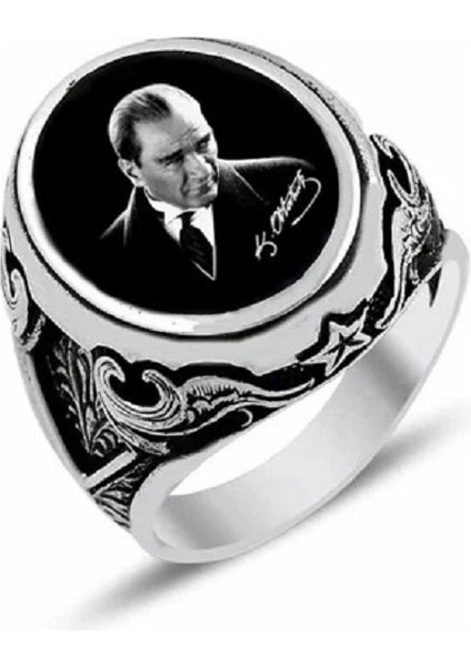 Siyah Beyaz Atatürk Resimli 925 Ayar Gümüş Erkek Yüzük