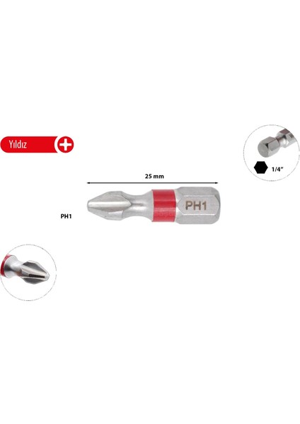 Ph1 x 25 mm Yıldız Bits Uç Renk Kodlu CB/251TC (1 Adet)