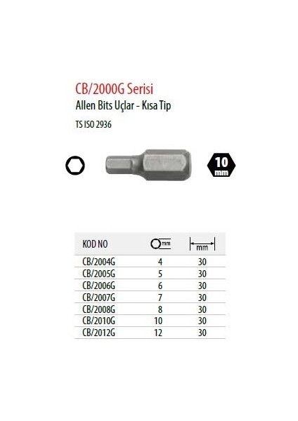 H10 10 x 30MM Allen Bits Uç CB/2010G (1 Adet )
