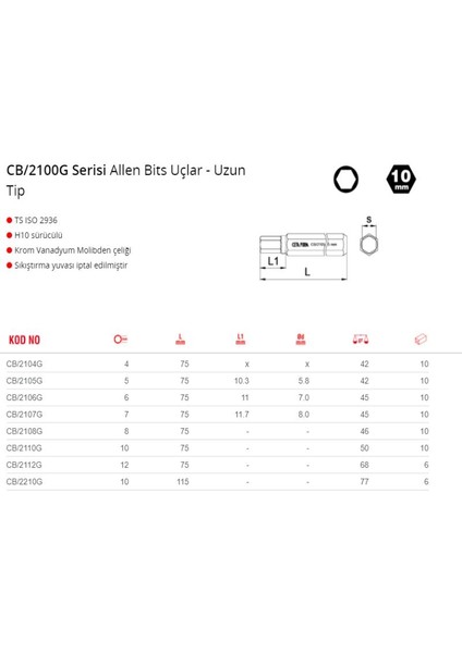 H10 10 x 30MM Allen Bits Uç CB/2010G (1 Adet )
