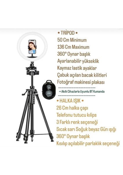 Tripod Çekim Işığı Halkası Youtuber Tiktoker Canlı Yayın Ekipman Bluetooth Kumanda Selfie Light LED