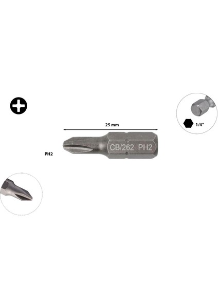 Ph2 x 25 mm Yıldız Bits Uç (Düşük Çap) CB/262