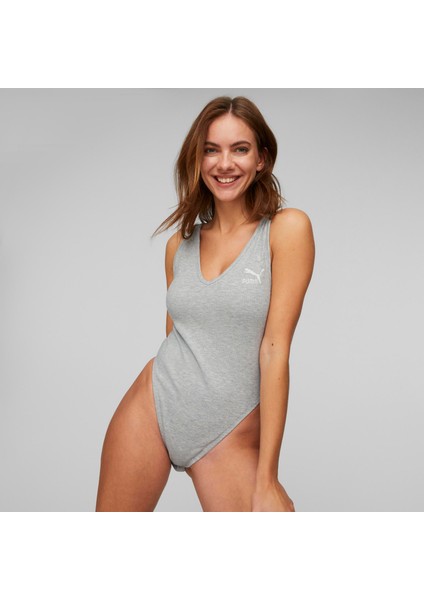 Kadın Light Gray Heather Puma Classics Ribbed Bodysuit Gri Kadın T-Shirt