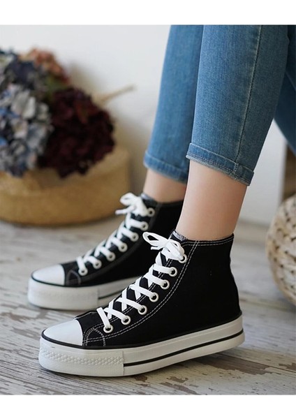 Super Hi Bilekli Kadın Yüksek Taban Yazlık Keten Siyah Spor Ayakkabı V1