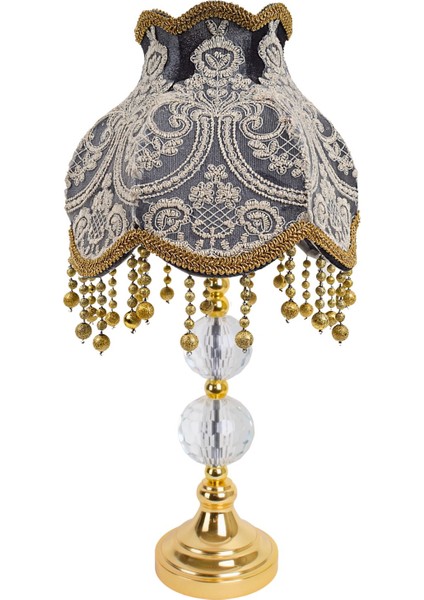 Fransız Dantel Kaplama Koyu Füme Kadife Kumaş Gold Kristal Ayak Klasik Abajur AB0444