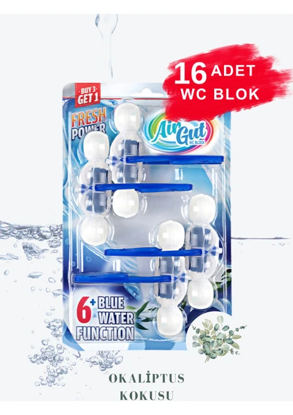 AirGut 4'lü Paket WC Blok, Tuvalet Koku Giderici 16 Adet Okaliptus Kokusu Bloğu (Mavi su verir)