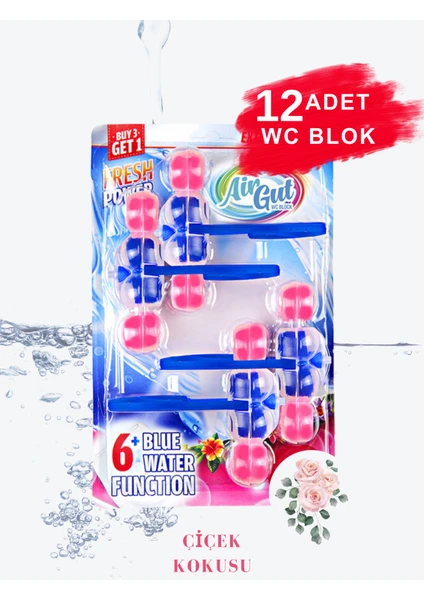 AirGut 3'lü Paket WC Blok, Tuvalet Koku Giderici 12 Adet Çiçek Kokusu Bloğu (Mavi su verir)