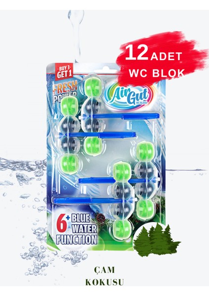3'lü Paket WC Blok, Tuvalet Koku Giderici 12 Adet Çam Kokusu Bloğu (Mavi su verir)
