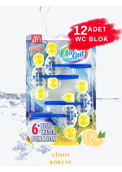 3'lü Paket WC Blok, Tuvalet Koku Giderici 12 Adet Limon Kokusu Bloğu (Mavi su verir)